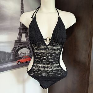 Elegant Black Lace Halter Bodysuit